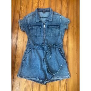 Justify Womens Denim Romper Medium Wash Zip Front Tie Waist Short Sleeve XL